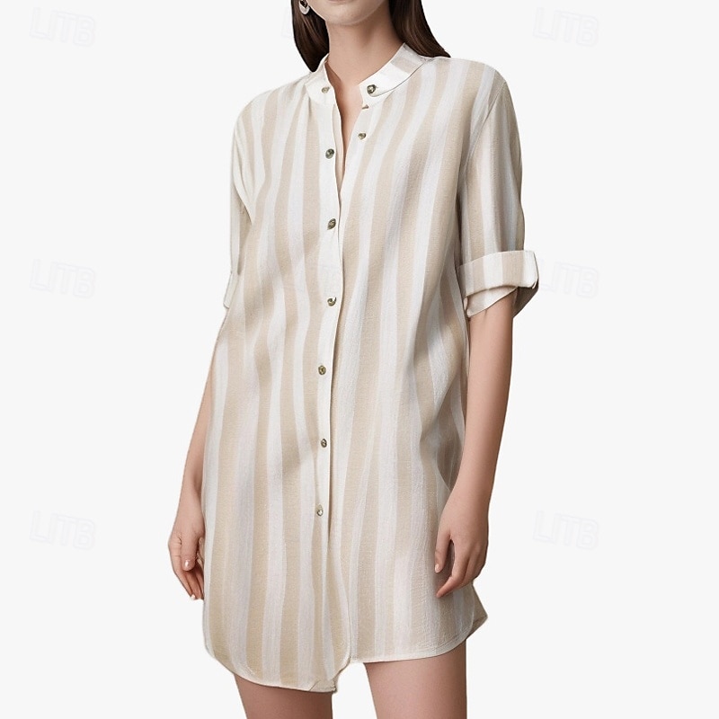 Damen Minikleid blusenkleid Casual kleid Sommerkleid Stilvoll Brautkleider schlicht Urlaub Täglich Verabredung Regular Fit Streifen Langarm V Ausschnitt Schwarz Rosa Blau Khaki Sommer Frühling 2025 - $24.99 –P5