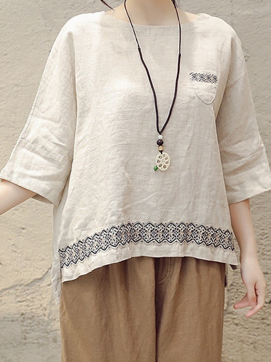 Damen Hemd Bluse Baumwoll-Leinen-Hemden Geometrisch Basic Lässig Dreiviertelarm Rundhalsausschnitt Normale Oberteile Täglich Patchwork Weiß Braun Grün Sommer Frühling 2025 - $21.99 –P5