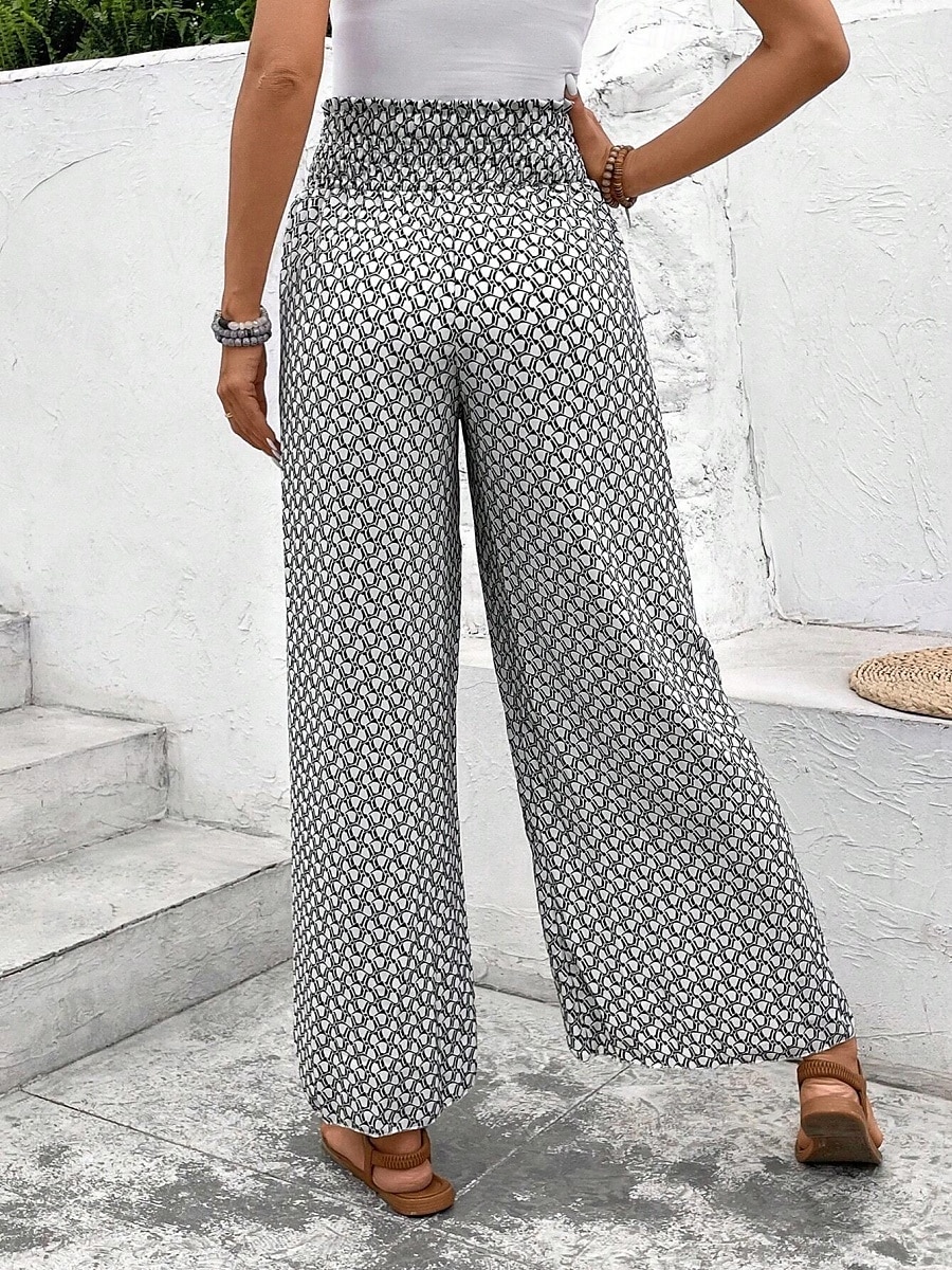 Kvinnors vida chinos baggy byxor semester mode full längd hög midja blommig elastisk midja tryck komfort utomhus mikro-elastisk semester gata avslappnad svart vit rosa khaki sommar vår 2025 - $24.99 –P21