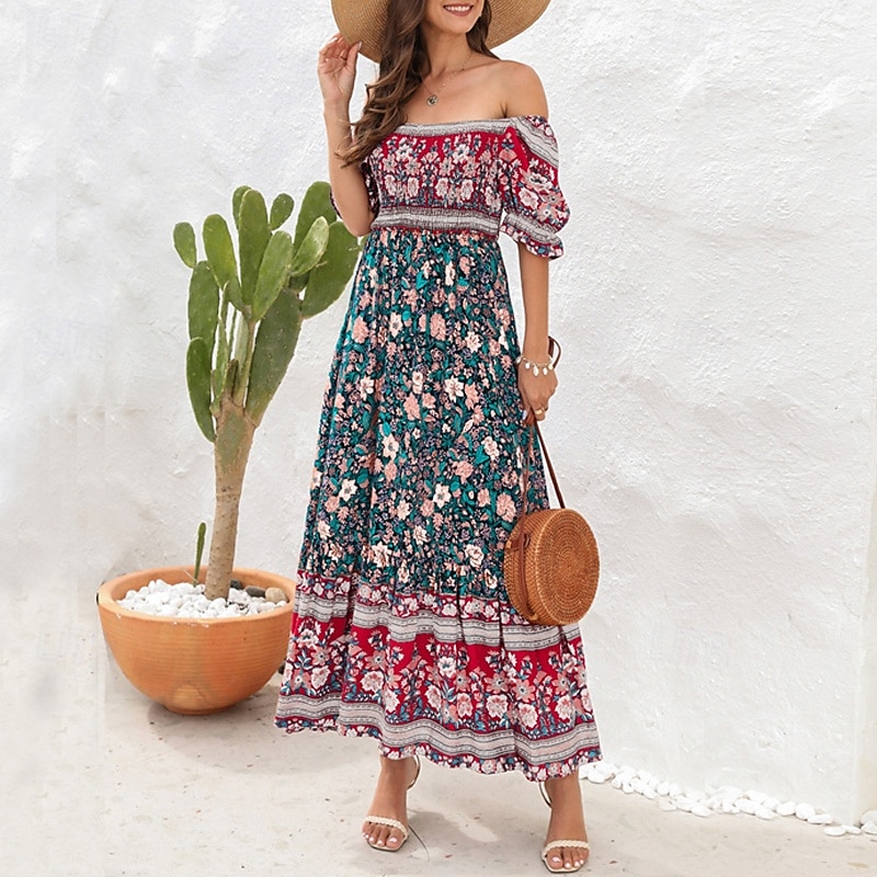 Női Hosszú ruha Maxi ruha hétköznapi ruha A vonalú ruha nyári ruha Boho ruha Elegáns Stílusos Etno Vakáció Napi Randi Normál Virágos Rövid ujjú Aszimmetrikus Világoszöld Rubin Medence Lóhere Nyár 2025 - $26.99 –P18