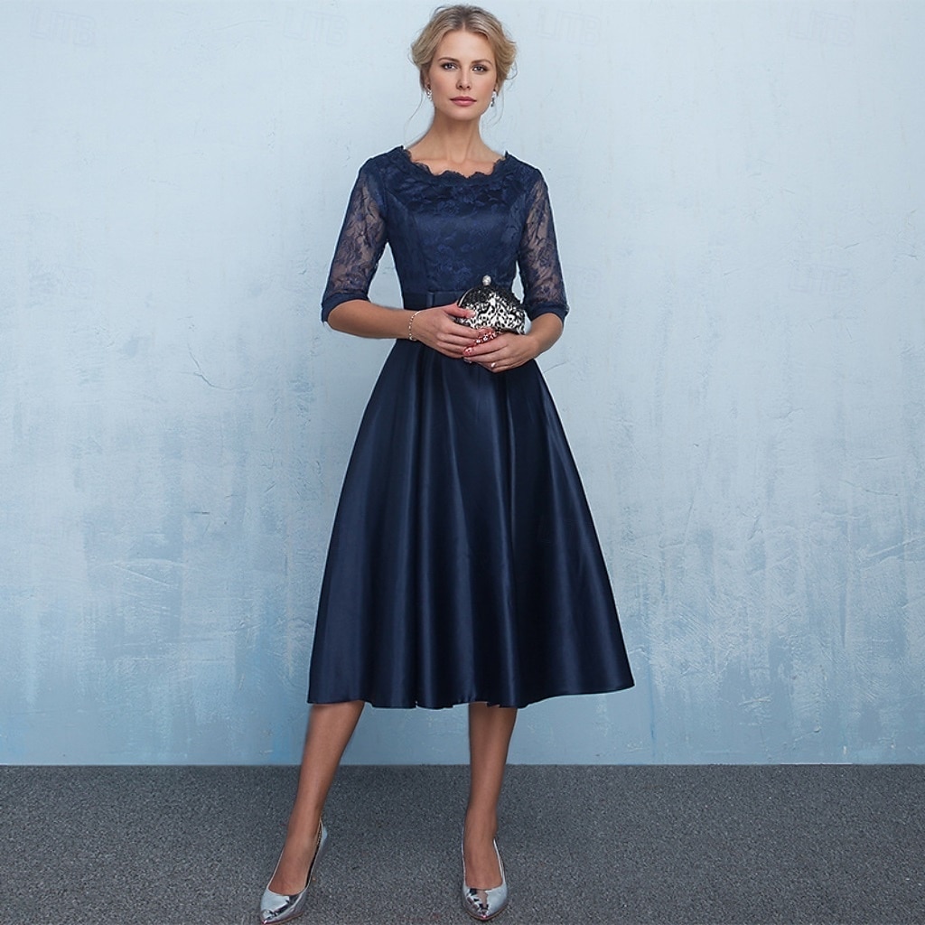 A-linjead klänning brudmodersklänning formell elegant enkel juvelringning ankarlängd té längd satin halvlång ärm med spets rosett/rosetter blomma derby klänning tävlingsdag klänning 2025 2025 - $108.99 –P1