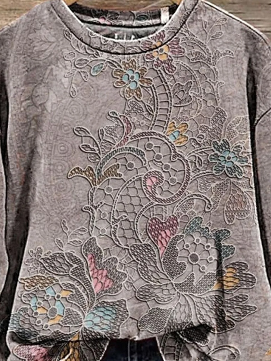 Damskie Z kapturem Nadruk Kwiaty Codzienny Długi rękaw Okrągły dekolt Zwykłe topy Codzienny Praca Na co dzień Szary Jesień Zima 2026 - $28.99 –P3