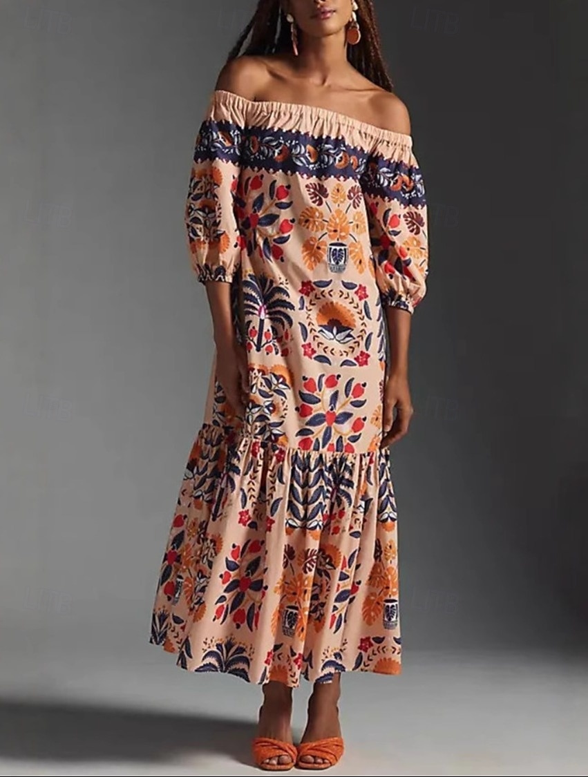 Femme Robe Maxi Robe casual Robes bohème chic robe boheme Bohême Le style mignon mode Vacances du quotidien Plage Ample Graphic manche longue Epaules Dénudées Orange Eté Printemps de 2025 ? $27.99 –P2