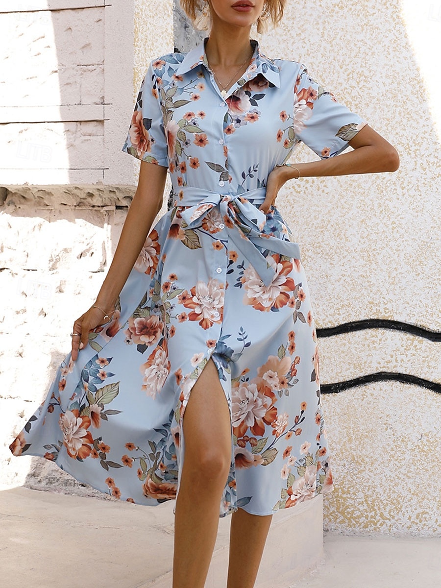 Dames Halflange jurk Casual jurk Elegant Stijlvol Casual Vakantie Dagelijks Normale pasvorm Bloemig Korte mouw Overhemdkraag Abrikoos Licht Blauw Zomer Lente 2025 - AU $48.79 –P10