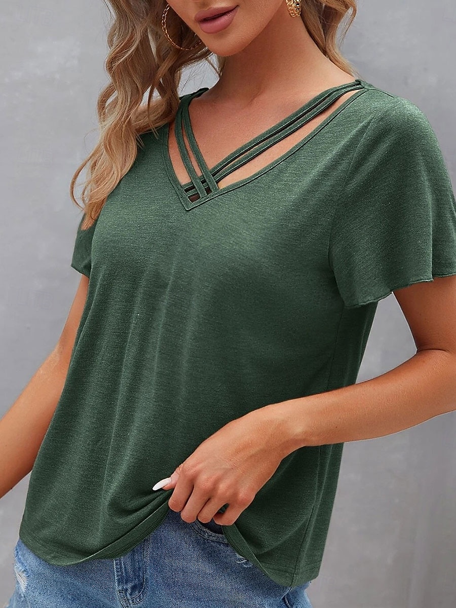 Femme T shirt Plein Mode Moderne Décontractées Manche Courte Col V Hauts réguliers du quotidien Fin de semaine Noir Vert Véronèse bleu marine Violet Eté Printemps de 2025 ? $21.99 –P3