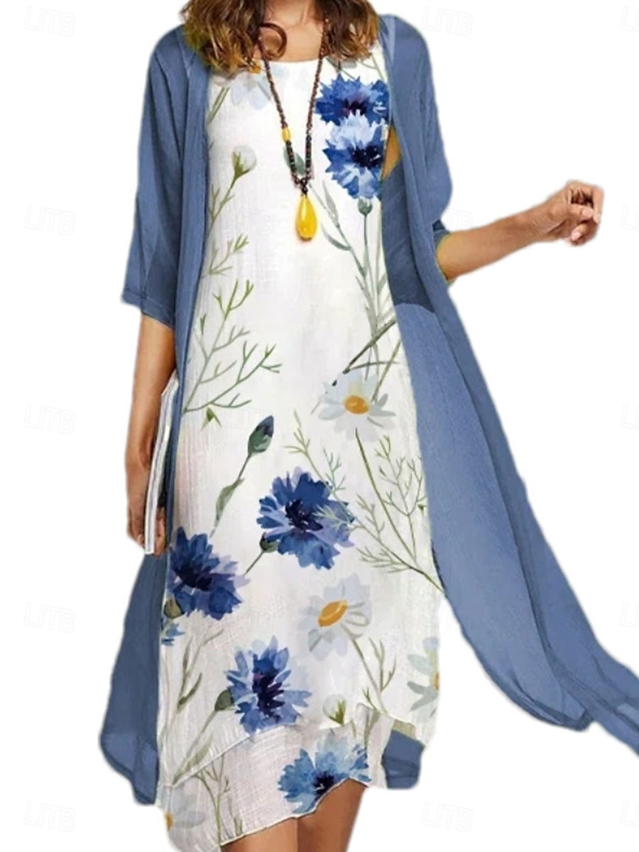 Pentru femei Set de rochii Rochie casual Elegant Modă Floral Imprimeu Asimetric Rochii Midi Manșon Lung Stil Nautic În aer liber Vacanță Albastru piscină Mov Albastru Închis Vară Primăvară Fit regulat 2025 - $36.99 –P6