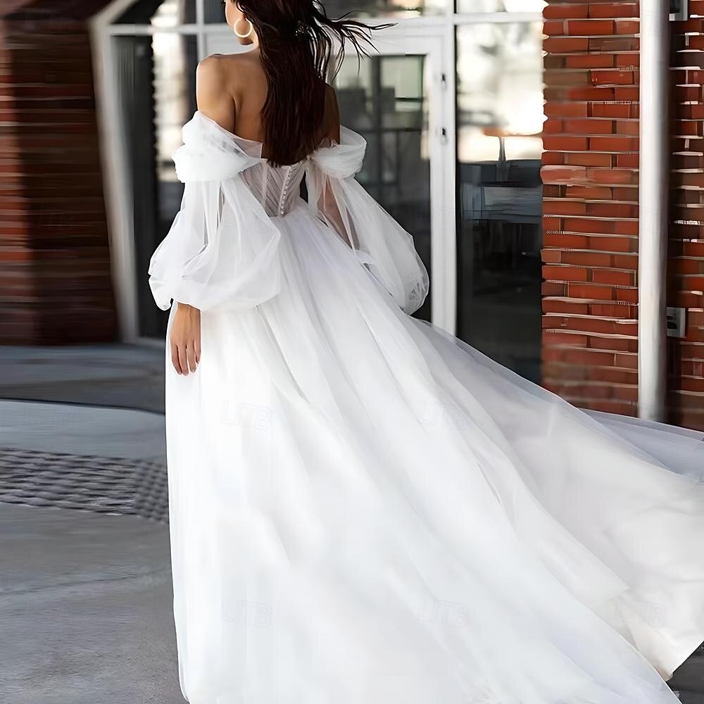 Beach Wedding Dresses A-Line Sweetheart Puff Sleeve Tulle Bridal Gowns With Ruched Details 2025 - $204.39 –P2