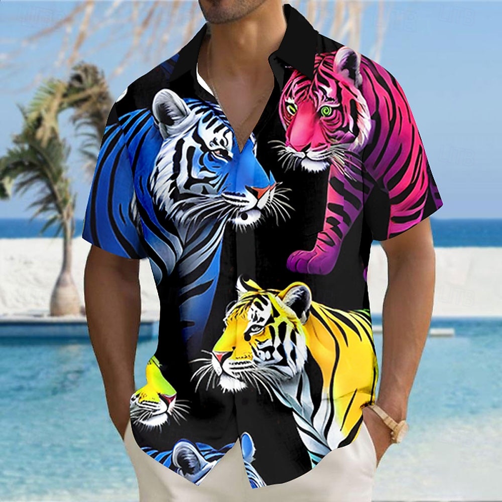 Hombre Animal Tigre Camisa Abotonar la camisa Manga Corta Moda informal Ropa de calle Vacaciones Ropa de playa Verano Otoño Cuello Vuelto Impresión 3D camisas con cuello Un bolsillo delantero Azul 2026 - $25.99 –P6