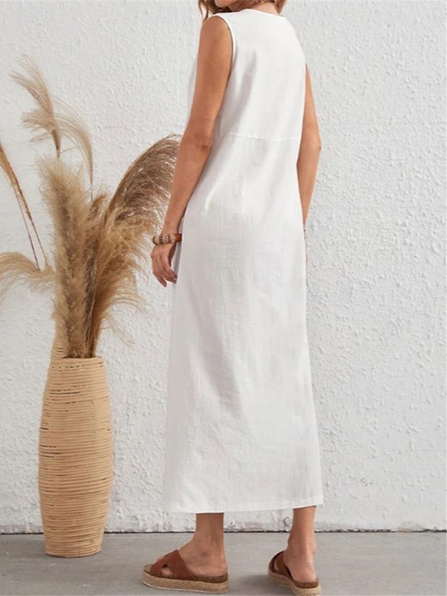 Mujer Vestido maxi Vestidos de lino y algodón Básico Casual Vacaciones Diario Ajuste regular Plano Sin Mangas Cuello Barco Blanco Verano 2025 - $22.99 –P2