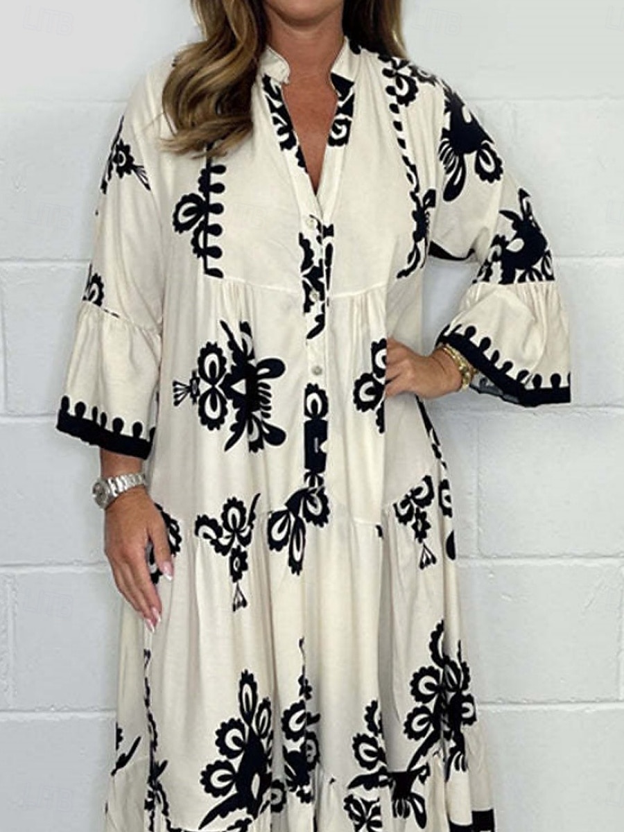 Dame Maxikjole Uformell kjole Boho elegante kjoler Boho-kjole Bohem Stilfull Fritid Feriereise Daglig Strand Løstsittende Grafisk 3/4 ermer V-hals Svart Rød Grønn Beige Sommer Vår 2025 - $34.99 –P2