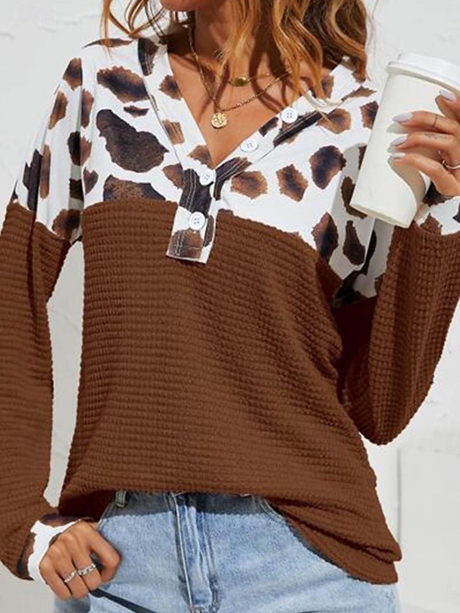 Dames Overhemd Blouse Luipaard Stijlvol Casual Lange mouw V-hals Normale tops Dagelijks Afdrukken Bruin Zomer Lente Herfst 2025 - $32.99 –P1