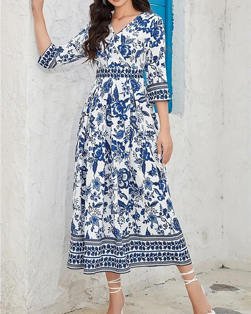 Dámské Midi šaty Áčkové šaty Letní šaty Boho šaty Elegantní stylové Geleneksel Dovolená Denní Rande Běžný Květinový 3/4 délka rukávu Do V Vodní modrá Léto 2025 - $25.99 –P2