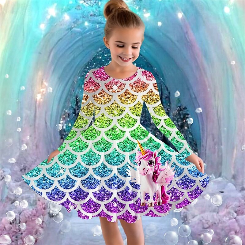 Girls ' 3D Graphic Unicornio Vestido Manga Larga Verano Primavera Vacaciones Diario Festivos Princesa Hermosa Dulce Niños 4-12 años Vestido informal Vestido de una línea Hasta la Rodilla Ajuste 2025 - $16.99 –P1
