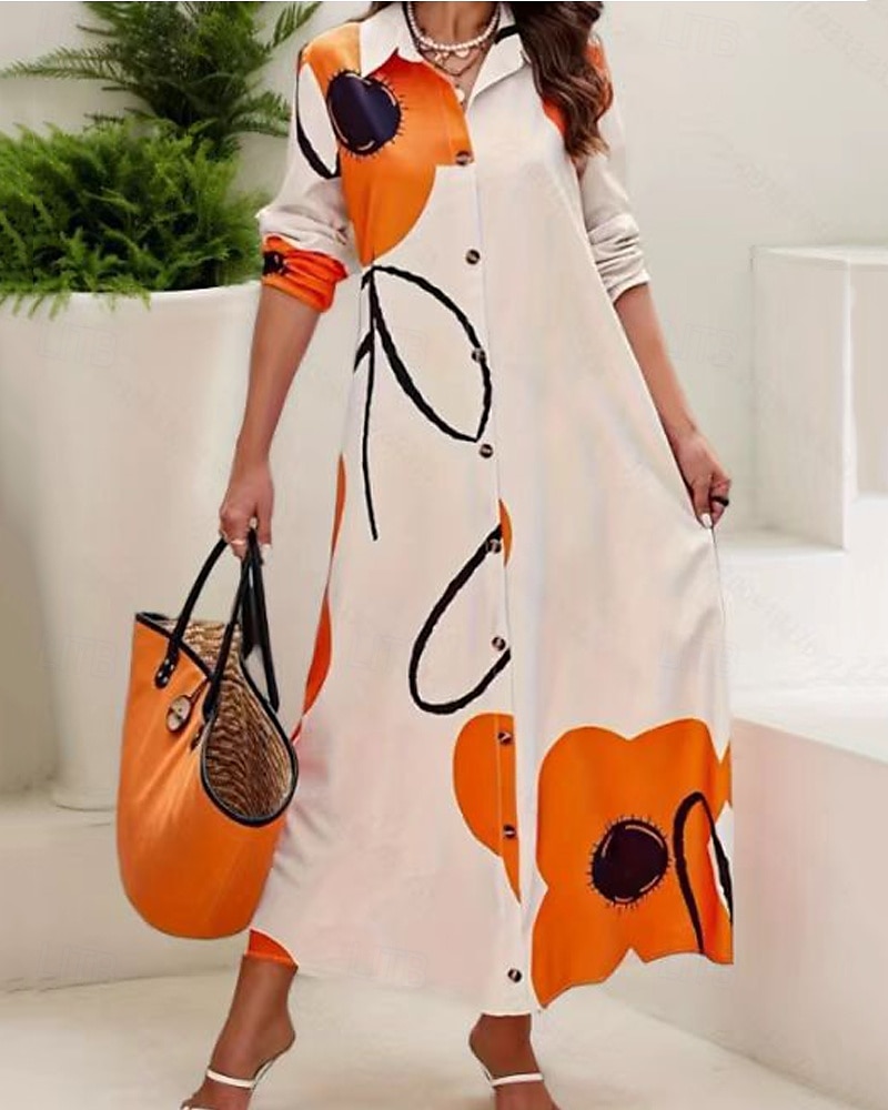 Women's Long Dress Maxi Dress Shirt Dress Casual Dress Summer Dress Stylish Casual Vacation Daily Date Regular Fit Floral Graphic Long Sleeve Lapel Black And White Black Blue Orange Summer Spring 2025 - $26.99 –P6