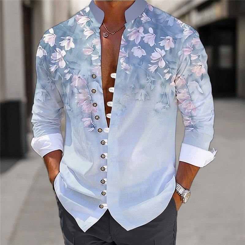 Herren Blumen Hemd leinenhemd Aloha-Shirt Langarm Brautkleider schlicht Freizeitskleidung Ausgehen Wochenende Frühling Stehkragen Bedruckt Button-Down Blau Purpur Grün 2025 - $25.99 –P17