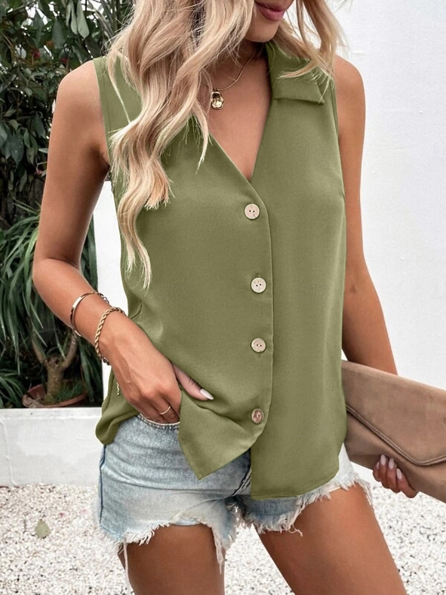 Női top camisole egyszínű stílusos hétköznapi ujjatlan V nyakú normál fazonú napi gombos fehér katona zöld nyár tavasz ősz 2025 - $21.99 –P3