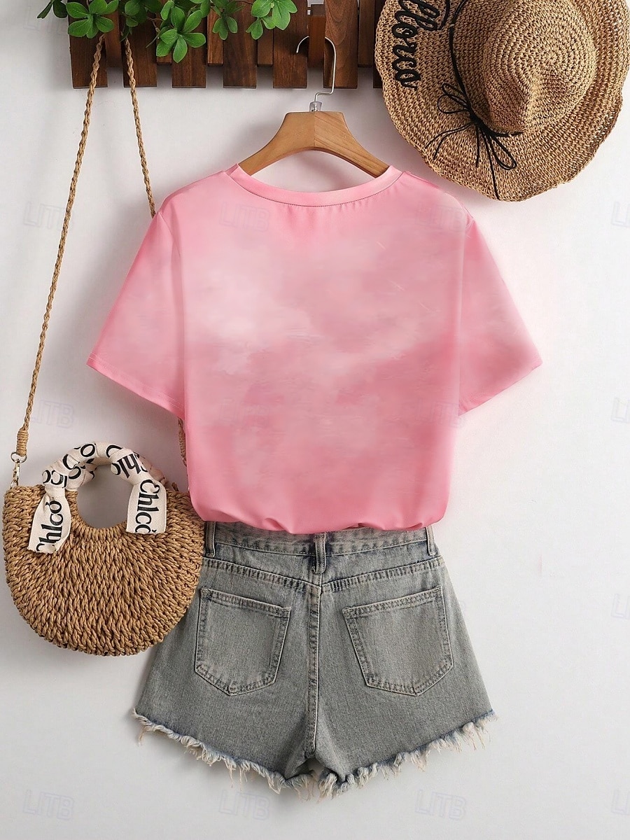 Women's T Shirt Print Floral Bird Casual Short Sleeve Round Neck Regular Tops Daily Pink Summer 2026 - $22.99 –P2