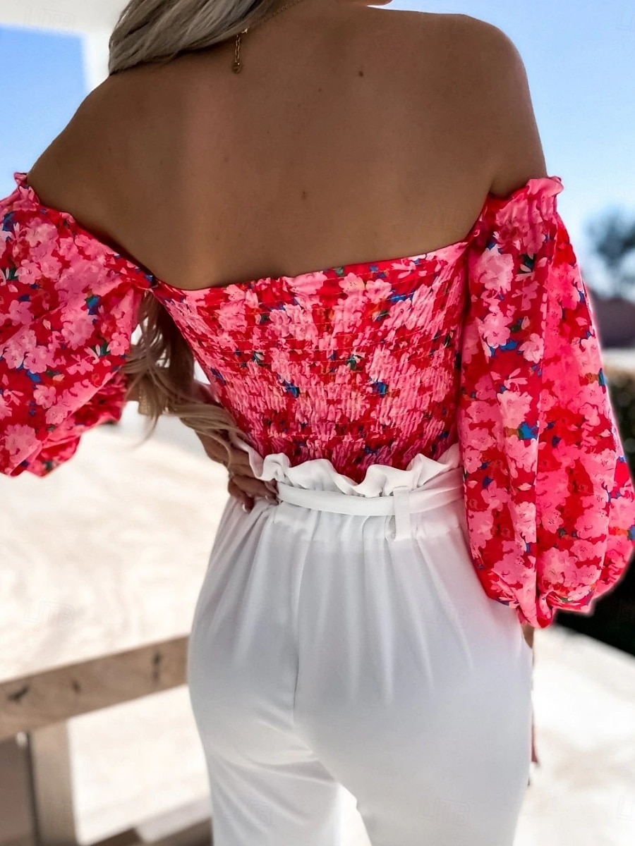 Dames Overhemd Blouse Afdrukken Blote rug Bloemig Stijlvol Casual Lange mouw Strapless Normale tops Dagelijks Zwart Wit Rood Paars Zomer Lente 2026 - $29.99 –P13