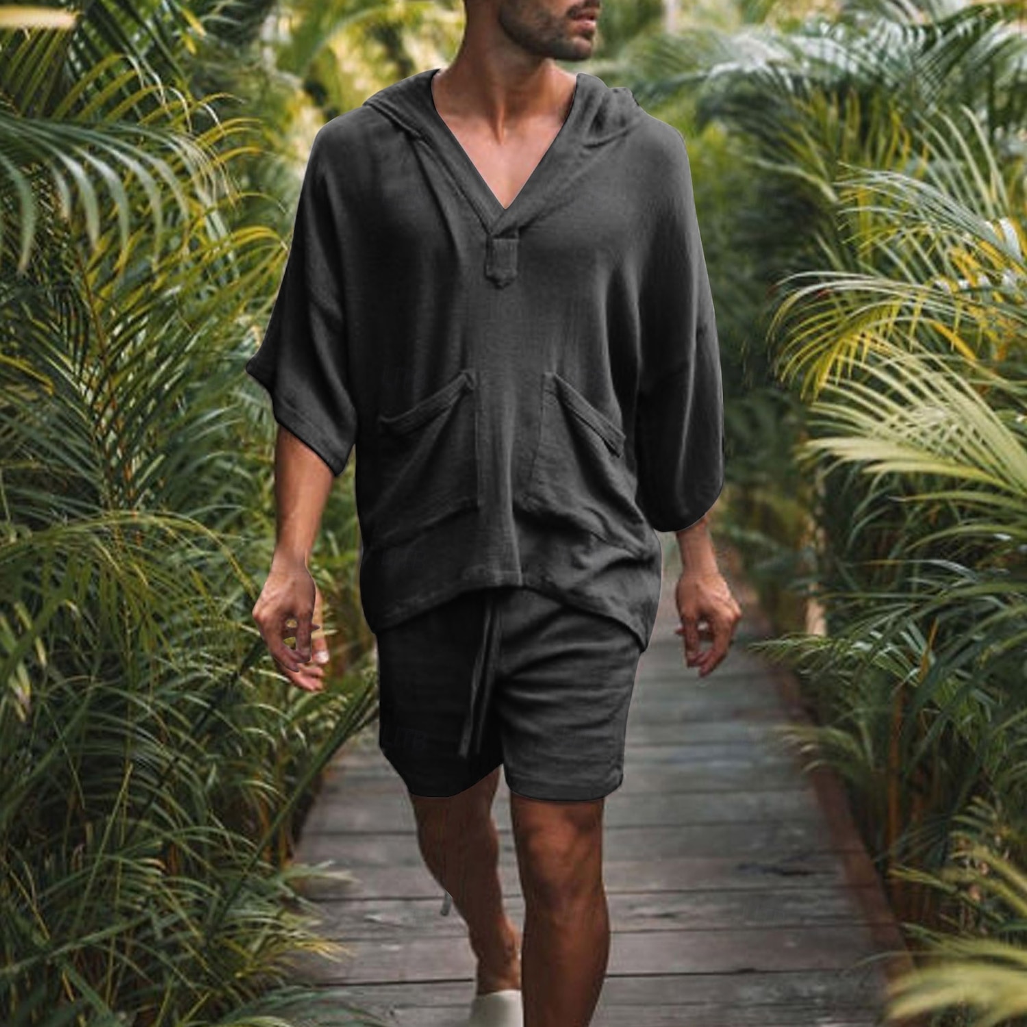 Men's Linen Set Shorts and T Shirt Set 2 Pieces Outfits Short Sleeve Hooded Summer Solid Color Beach Wear Casual 2 Piece Front Pocket Vacation Casual Black Pink White Top Tee for Men 2025 - $26.99 –P7