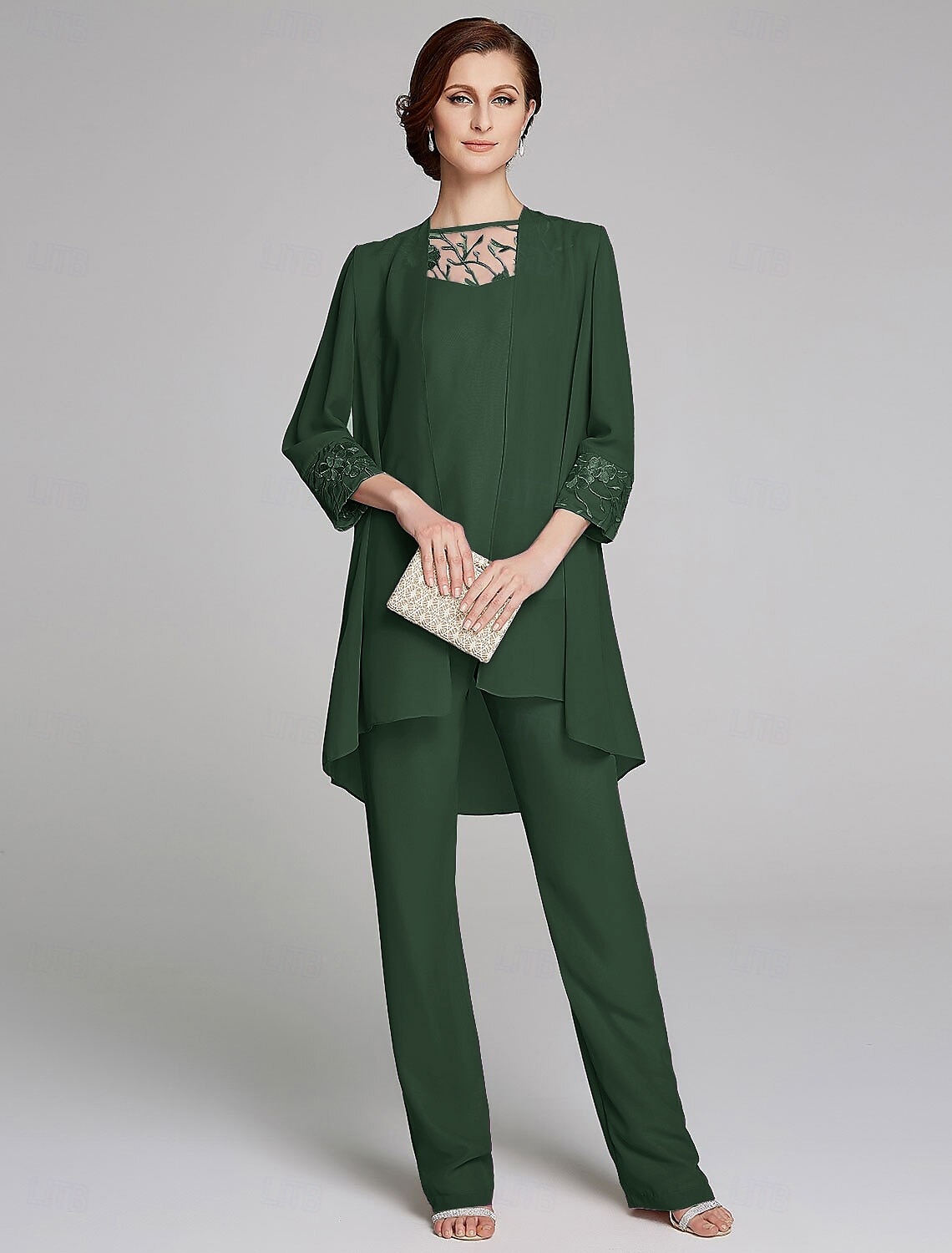 Jumpsuit  Pantssuit Moeder van de Bruid Formele Bruiloft Gast Wrap Inbegrepen Juweel Hals Vloerlengte Chiffon Kant 3/4 Lengte Mouw met Pailletten 2025 gratis op maat 2025 - $155.99 –P5