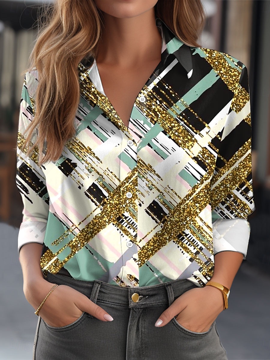 Damen Hemd Geometrisch Lässig Langarm Hemdkragen Normale Oberteile Arbeit Täglich Knöpfe Druck Grün Frühling Herbst Winter 2025 - $32.99 –P1