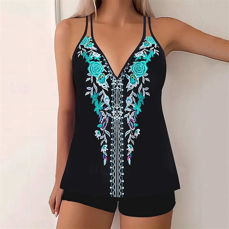 Dam Tankini Tvådelad baddräkt V-ringad Badkläder Badkläder Svart Purpur Andningsfunktion Snabb tork Lättvikt Ärmlös - Simmning Surfing Strand Sommar Vår Plusstorlekar 2025 - $24.99 –P4
