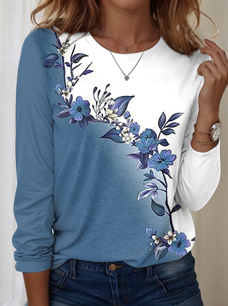 Damen T-Shirt Rundhals Langarm Tunika Florales Grafik Lässig Reguläre Oberteile Täglicher Druck Blau Frühling Herbst 2026 - $24.99 –P1