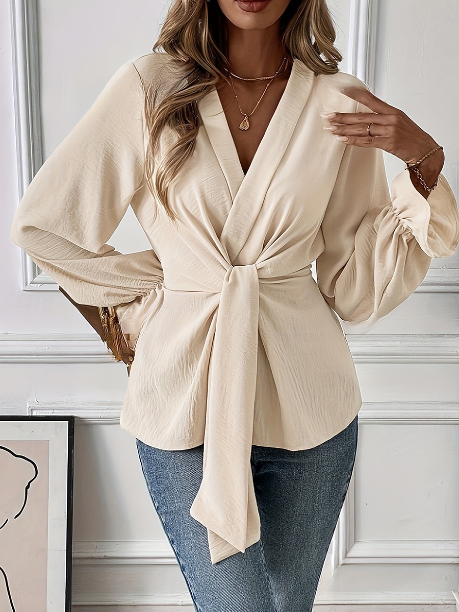 Femme Chemise Chemisier Couleur unie mode Décontractées manche longue Col V Hauts réguliers du quotidien nouer devant Kaki Printemps Automne de 2025 ? $32.99 –P4