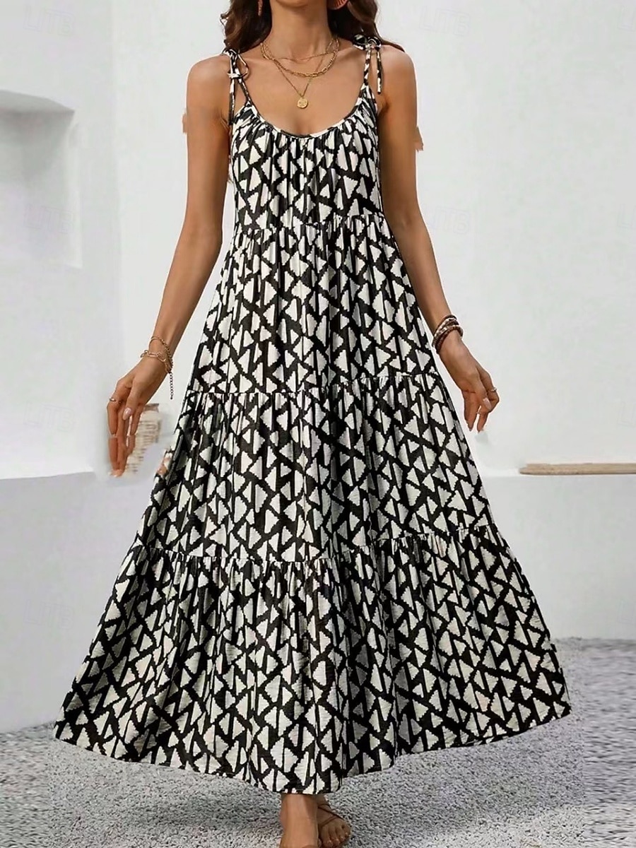 Damskie Sukienka maxi Codzienne sukienki Sukienka A line Sukienka na ramiączkach Elegancki Codzienny Urlop Codzienny Regularny Geometryczny Bez rękawów Pasek Czarny Lato 2025 - $26.99 –P4