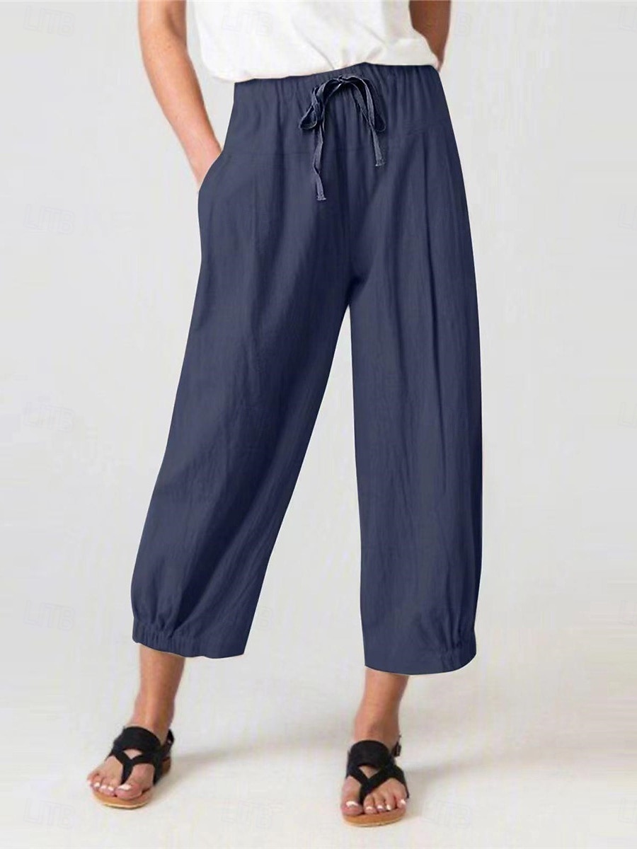 Mulheres Calças de linho de algodão chinês Clássico Casual Comprimento total Cintura Alta Tecido Bolsos Cintura elástica Confortável Macio Micro-Elástica Ao ar livre Rua Azul Preto Claro Cinzento de 2025 por $21.99 –P1