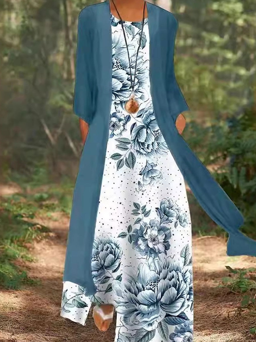 Damskie Zestaw sukienek Codzienne sukienki Sukienki szyfonowe Elegancja Moda Kwiaty Nadruk Sukienka maxi Długi rękaw Półgolf Na zewnątrz Urlop Wino Niebieski Fioletowy Lato Wiosna Regularny 2025 - $34.99 –P5