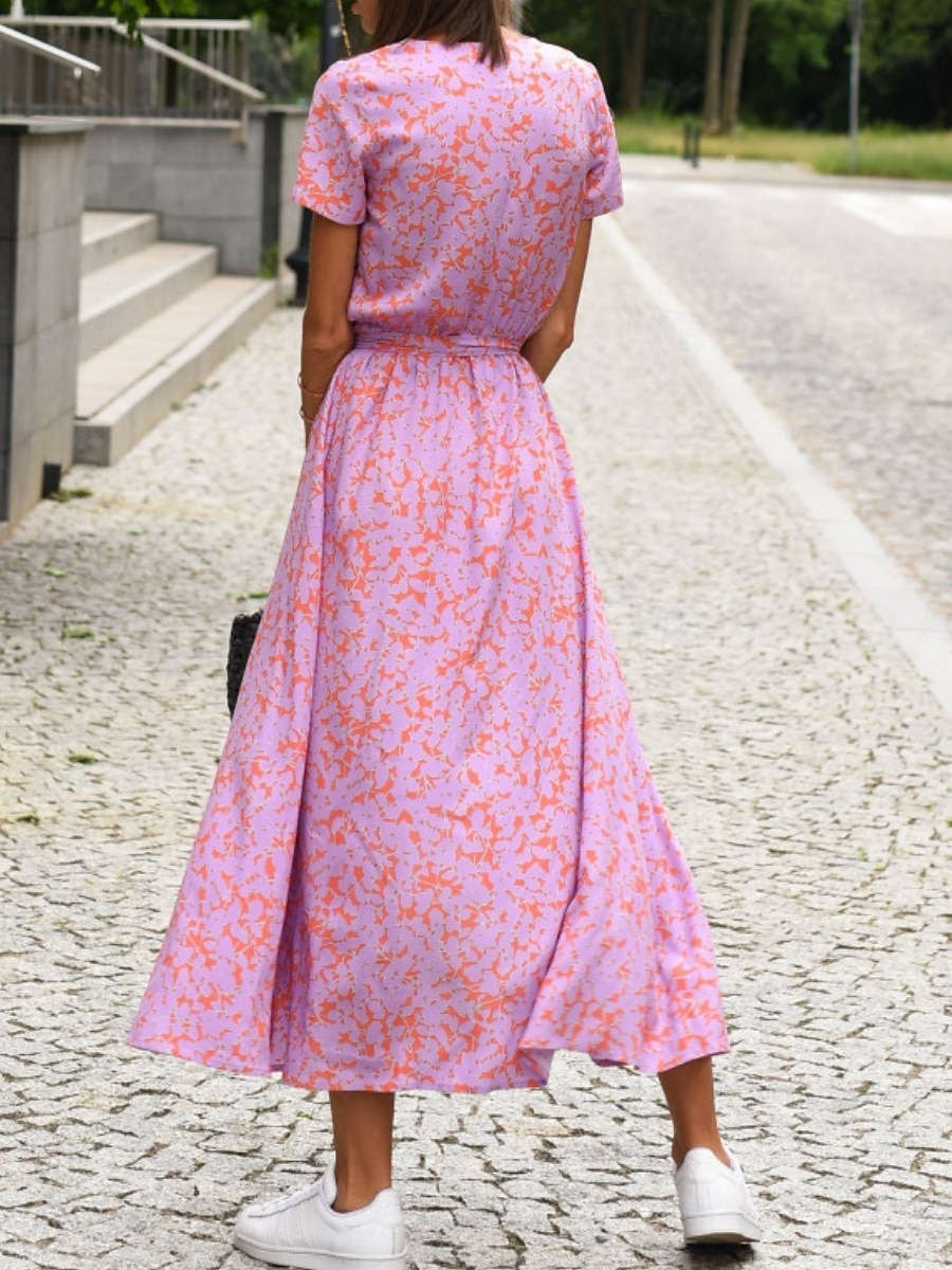 Femme Robe Maxi Robe casual Robe Portefeuille Robe Trapèze mode Décontractées Vacances du quotidien Standard Floral Manche Courte Col V Rose Claire Rouge Eté de 2025 ? $27.99 –P12