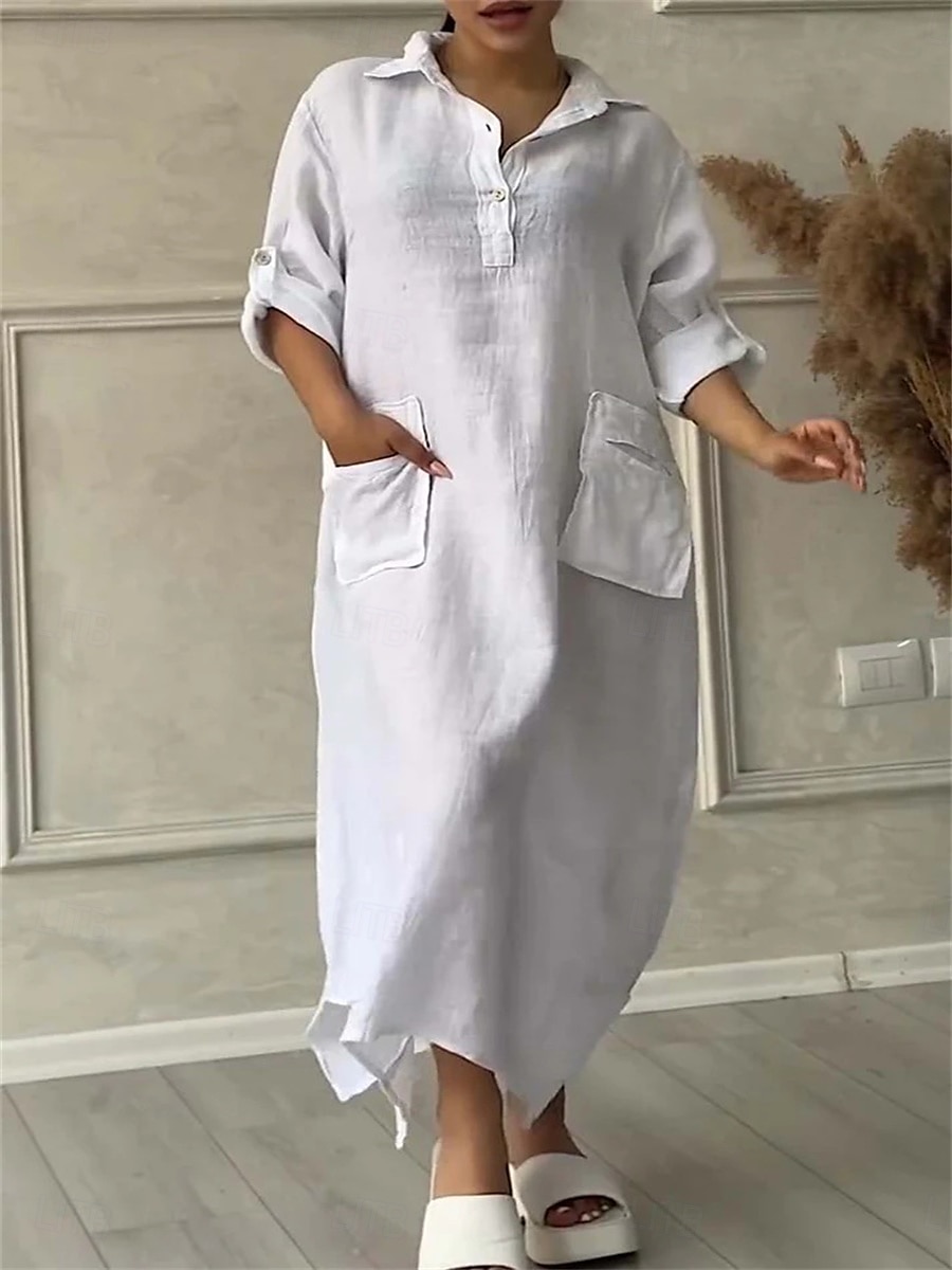 Damen Maxikleid Baumwoll-Leinen-Kleider Freizeitkleid Elegant Stilvoll Basic Urlaub Täglich Lässiger Schnitt Einfach Langarm Hemdkragen Schwarz Weiß Gelb Purpur Frühling Herbst 2025 - $32.99 –P5