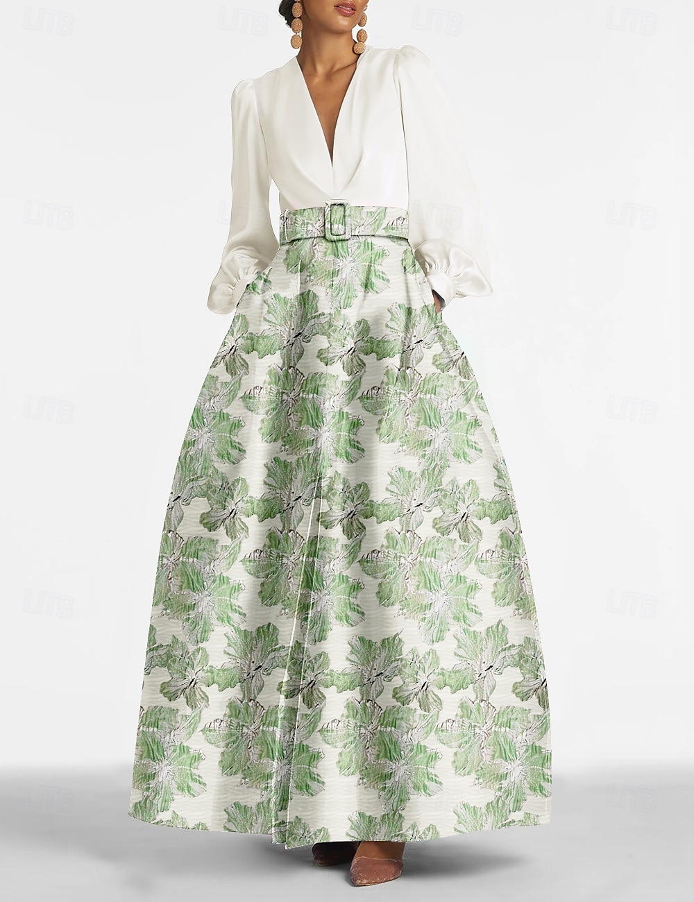 A-Line Evening Gown Elegant Dress Formal Wedding Floor Length Long Sleeve V Neck Pocket Nylon with Floral Print Pocket Derby Dress Race Day Dress Wedding Guest Dress 2025 2025 - $179.99 –P2