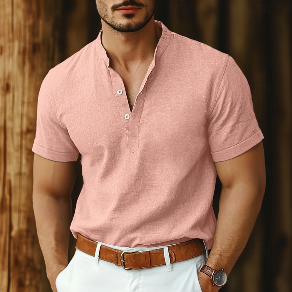 Per uomo Camicia camicia di lino Camicia con colletto a fascia Camicia popover Camicia estiva Abbigliamento mare Liscio Da mare Informale Nero Bianco Rosa Blu marino Manica corta Henley Estate del 2025 a $25.99 –P8