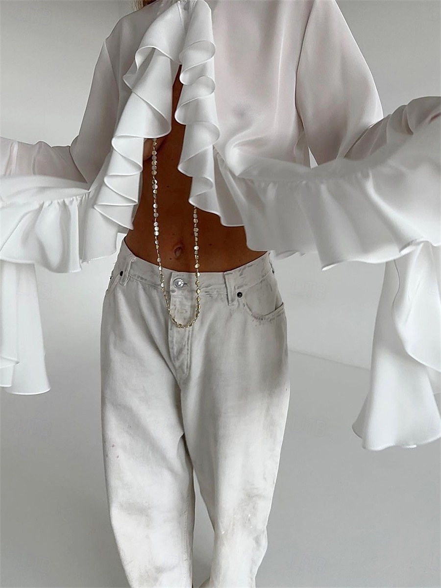 Жен. Рубашка Блуза Оборки Сплошной цвет Элегантный стиль Стиль На каждый день Длинный рукав Вырез под горло Обычные топы Повседневные Офис Праздники Черный Белый Весна Осень Зима 2026 - GBP £28 –P4