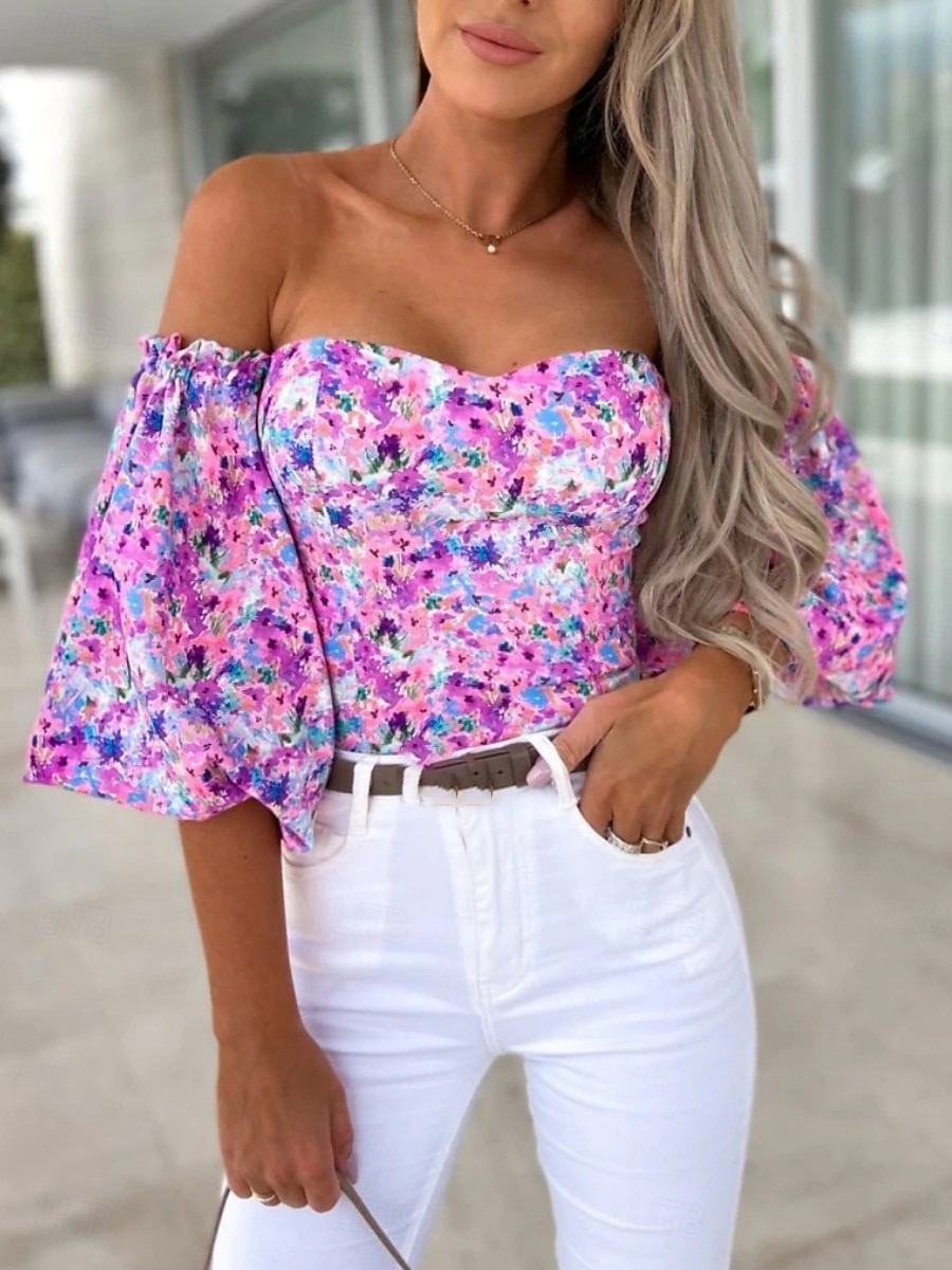 Dames Overhemd Blouse Afdrukken Blote rug Bloemig Stijlvol Casual Lange mouw Strapless Normale tops Dagelijks Zwart Wit Rood Paars Zomer Lente 2026 - $29.99 –P1