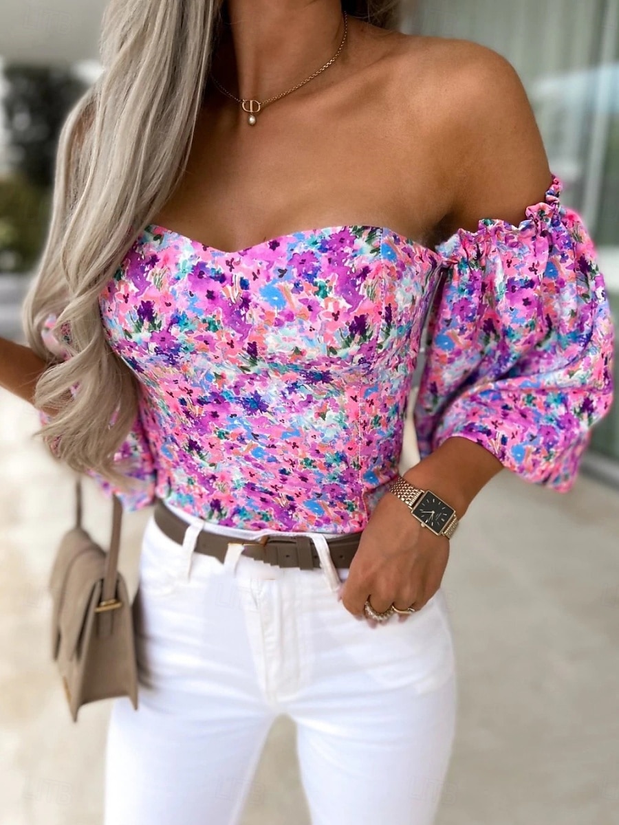 Dames Overhemd Blouse Afdrukken Blote rug Bloemig Stijlvol Casual Lange mouw Strapless Normale tops Dagelijks Zwart Wit Rood Paars Zomer Lente 2026 - $29.99 –P4
