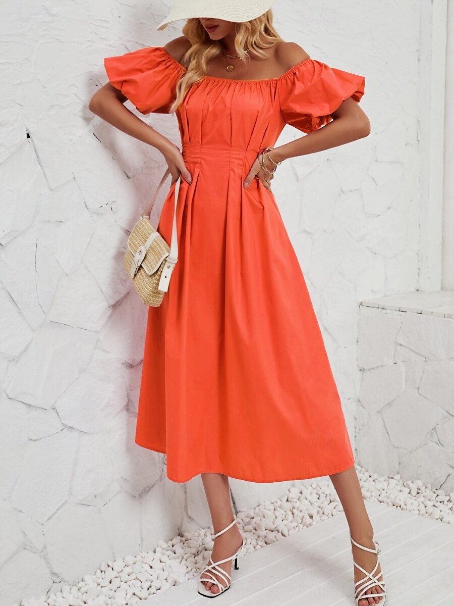 Femme Robe mi-longue Robe casual Robe Évasée Robe Trapèze Elégant mode Décontractées Vacances du quotidien Standard Plein Manche Courte Epaules Dénudées Rose Claire Orange Eté Printemps de 2025 ? $34.99 –P11