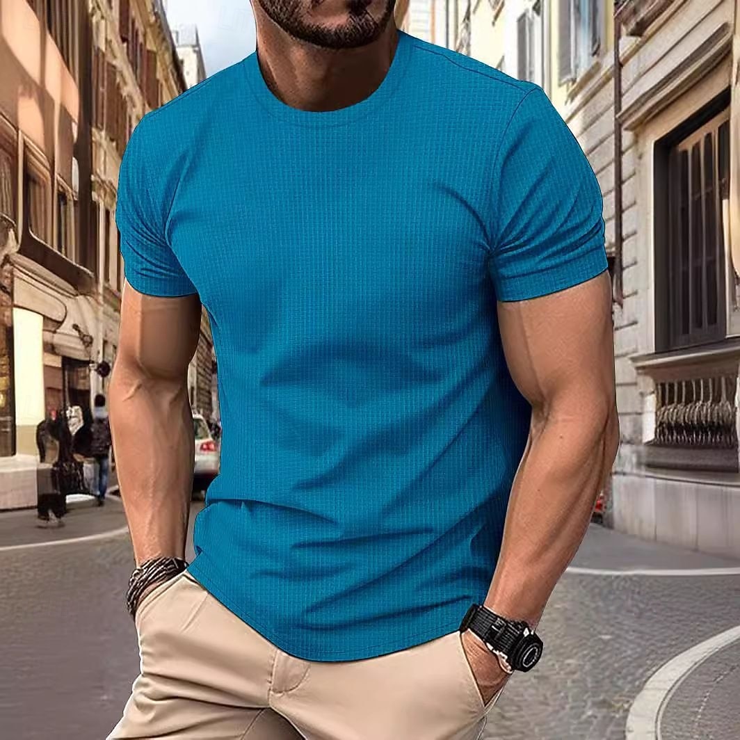 Men's Waffle Tee Cool Shirt Tee Top Short Sleeve Crew Neck Summer Striped Fashion Crewneck Work Office / Career Casual Black White Gray Top Tee for Men 2026 - $22.99 –P2