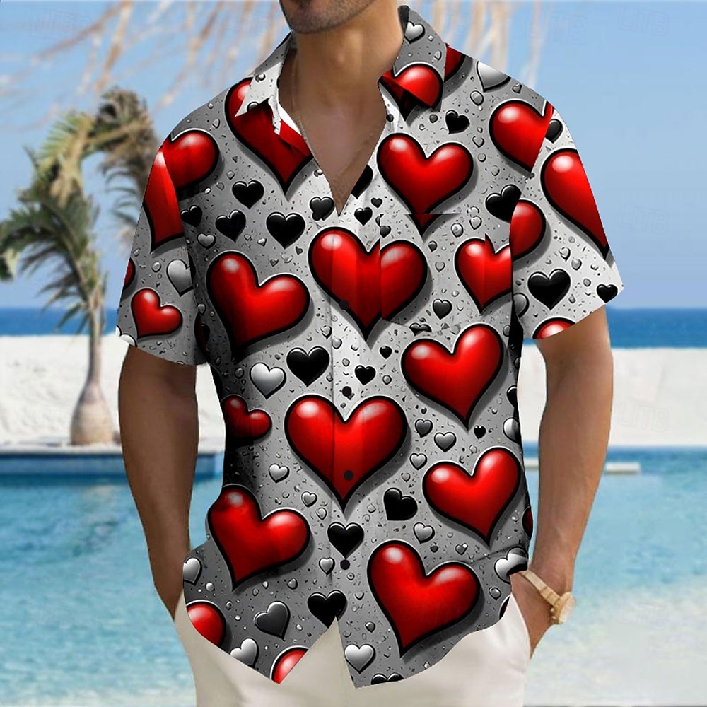 Valentinstag Herren Herz Liebe Farbverlauf Hemd Knopfhemd Kurzarm Modisch lässig Urlaub Geschenk Festtage Sommer Herbst Umlegekragen 3D-Druck Violett Dunkelrot Blau 1# Rote Helles Schwarz 2025 - $23.99 –P6