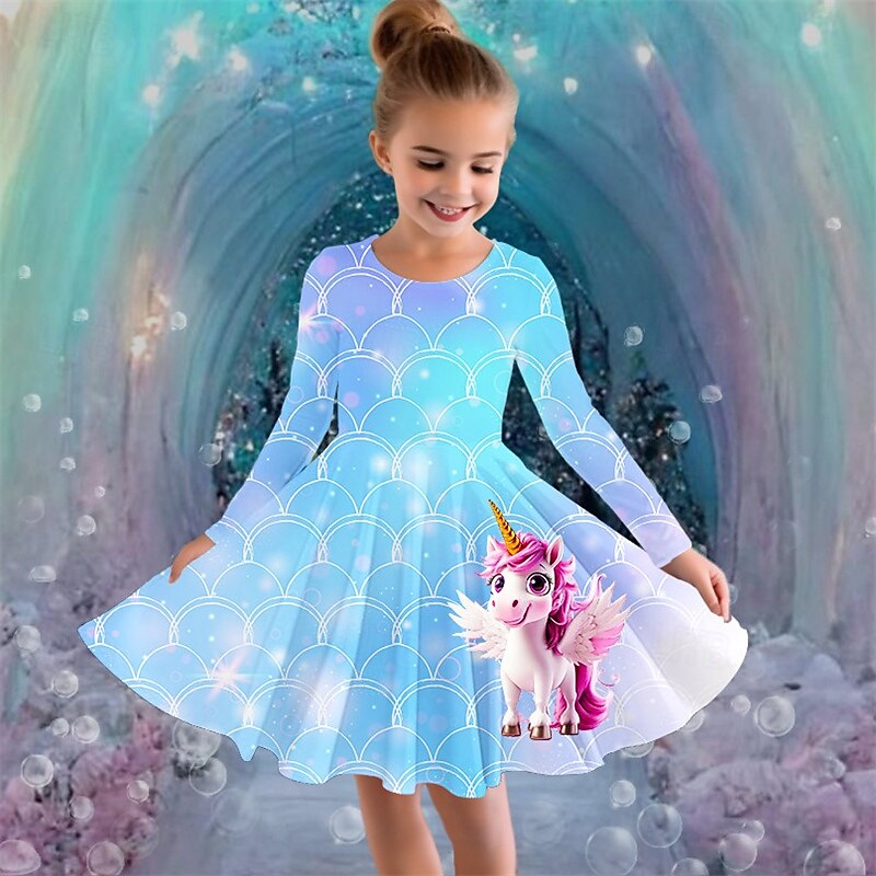 Girls ' 3D Graphic Unicornio Vestido Manga Larga Verano Primavera Vacaciones Diario Festivos Princesa Hermosa Dulce Niños 4-12 años Vestido informal Vestido de una línea Hasta la Rodilla Ajuste 2025 - $16.99 –P3