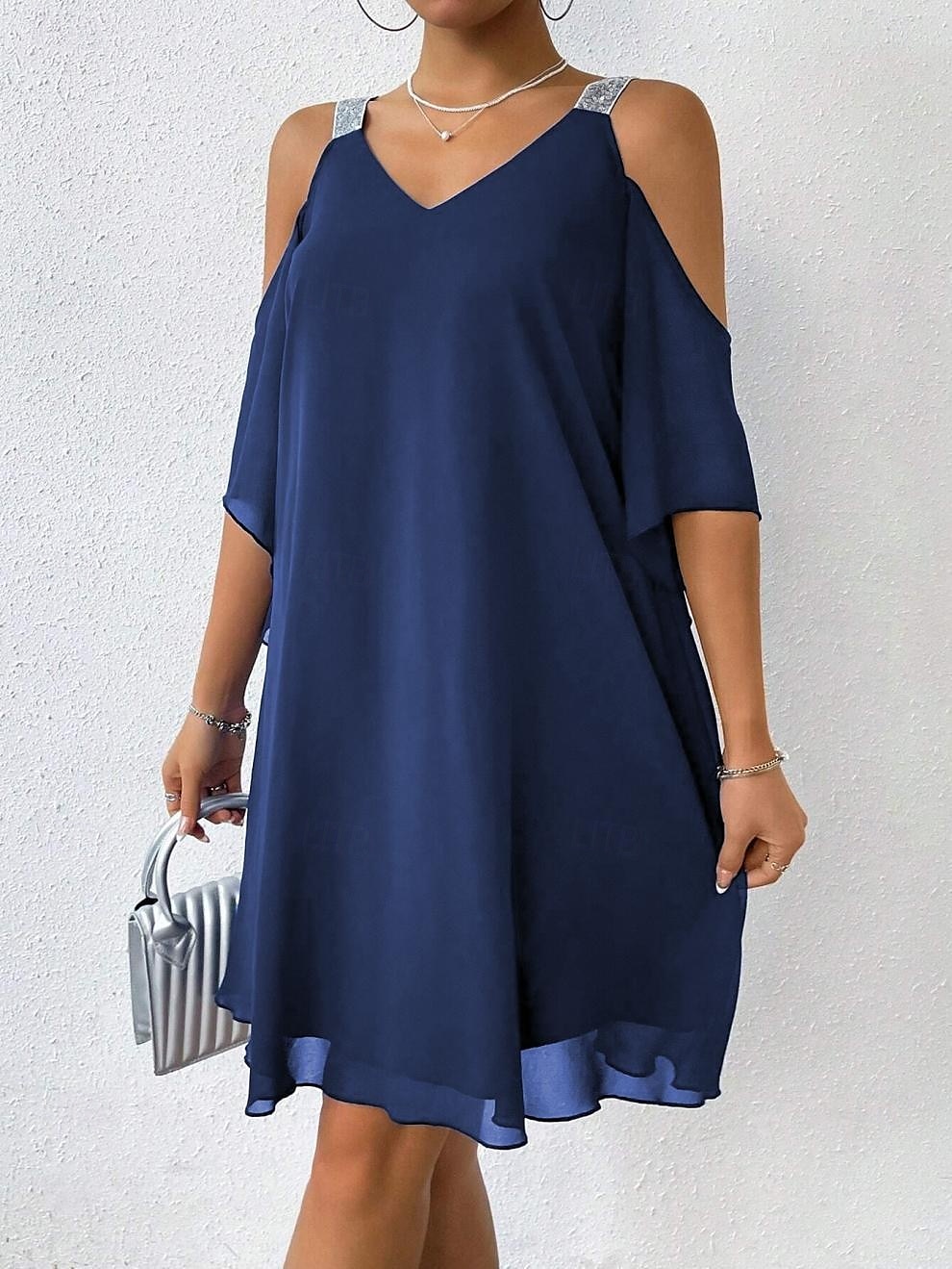Pentru femei Rochie Mini Rochie de Cocktail Rochie pentru invitata de nunta Rochii din Șifon Elegant Un umăr rece Zilnic Potrivire Largă Culoare solidă Fără manșon În V Bleumarin Vară Primăvară Toamnă 2025 - $26.99 –P3