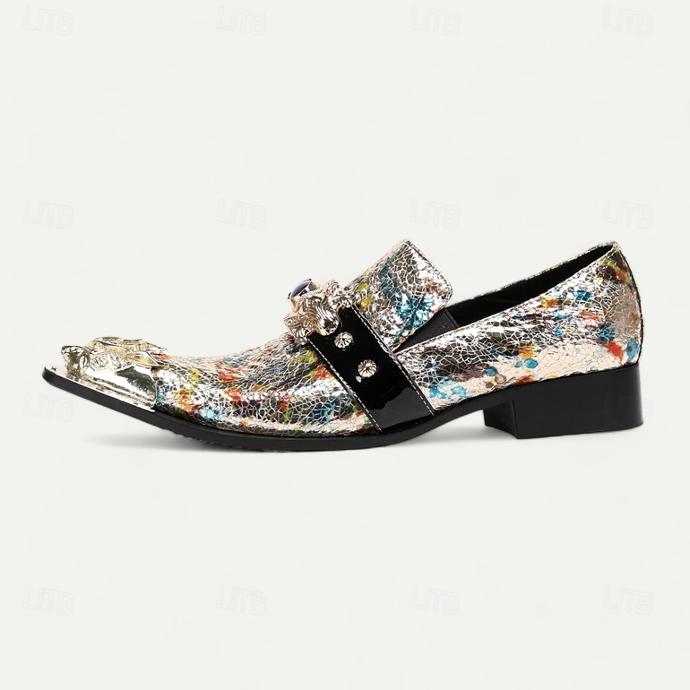pánské vícebarevné kožené slip-on společenské boty s ozdobnou kovovou špičkou a šperkovým akcentem - prvotřídní formální mokasíny z hovězí kůže na večírky a svatby 2025 - $119.99 –P3