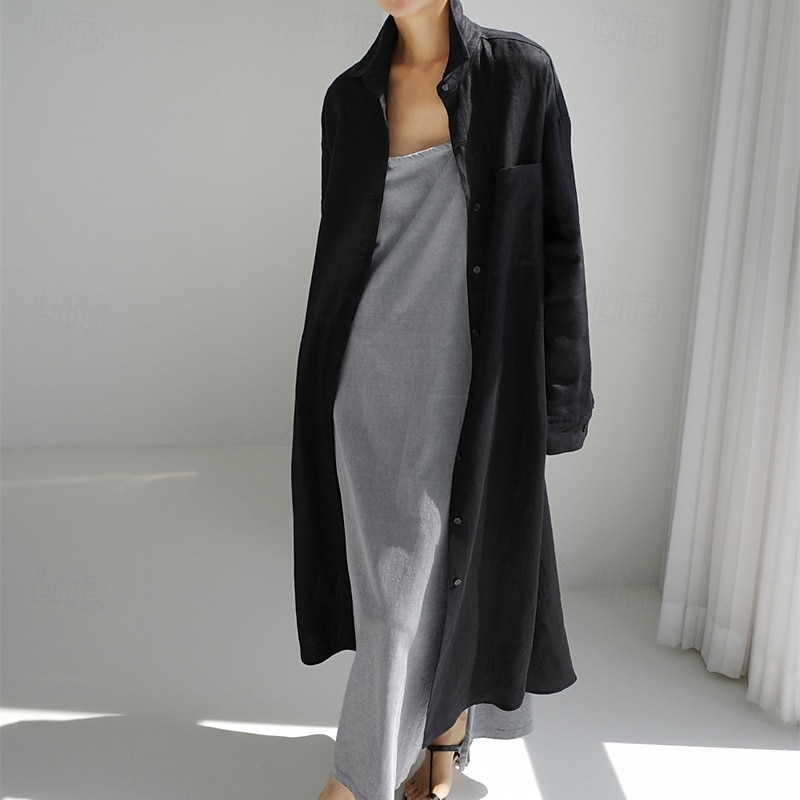 Damen Langes Kleid Maxikleid Leinen-inspirierte Kleider Hemdblusenkleid Freizeitkleid Baumwoll-Leinenkleid Stilvoll Lässig Urlaub Täglich Date Normale Passform Einfach Langarm Revers Schwarz 2025 - $28.99 –P17