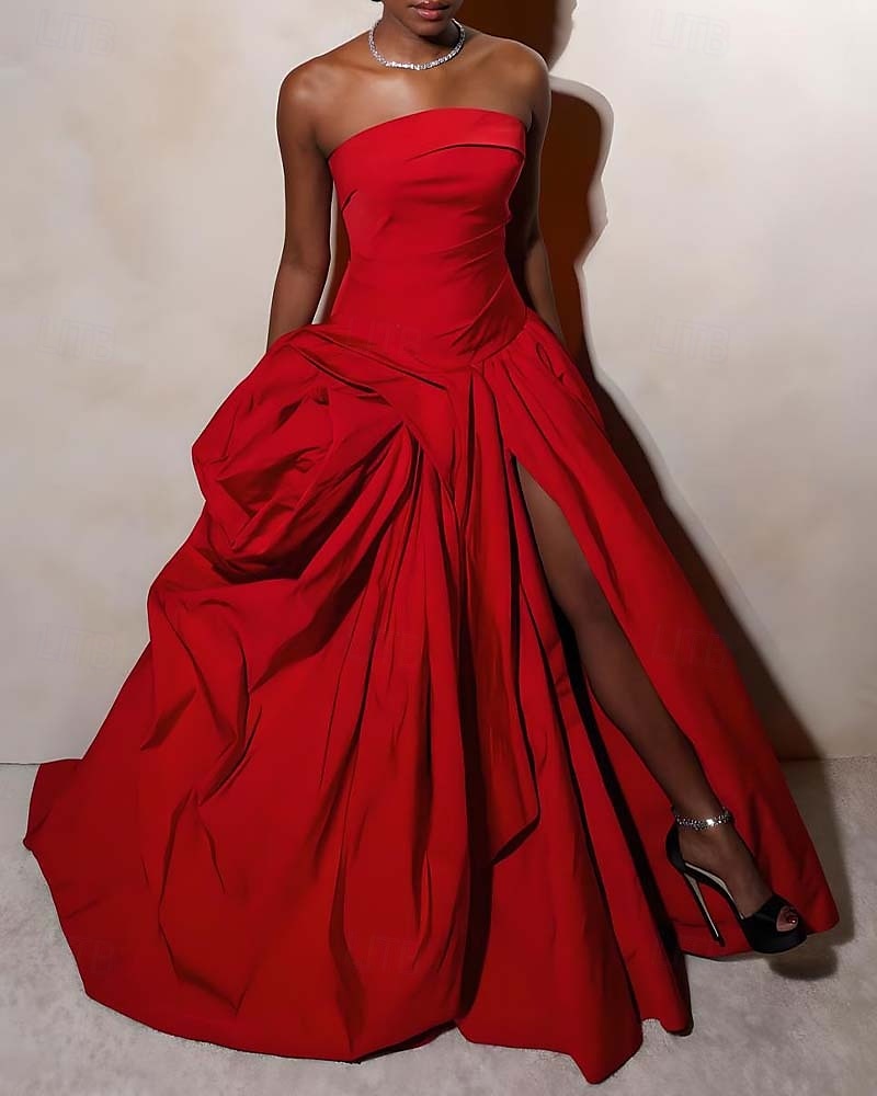 Ballkleid A-Linie Abfall Taille Abendkleid Promistil Blumen Kleid Karneval Formal Watteau Zug Ärmellos Strapless Satin mit Rüschchen 2025 - $221.99 –P3