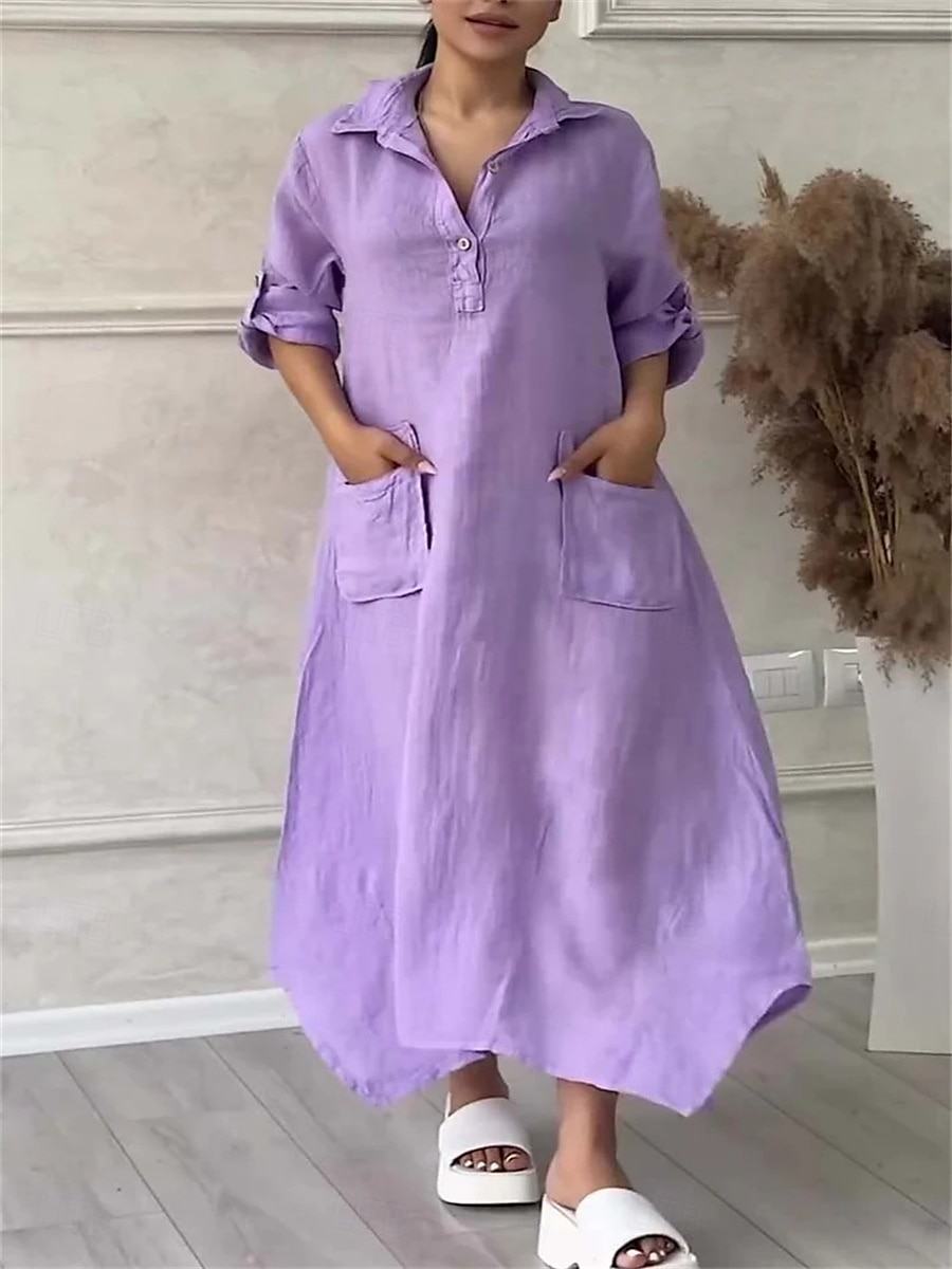 Damen Maxikleid Baumwoll-Leinen-Kleider Freizeitkleid Elegant Stilvoll Basic Urlaub Täglich Lässiger Schnitt Einfach Langarm Hemdkragen Schwarz Weiß Gelb Purpur Frühling Herbst 2025 - $32.99 –P1