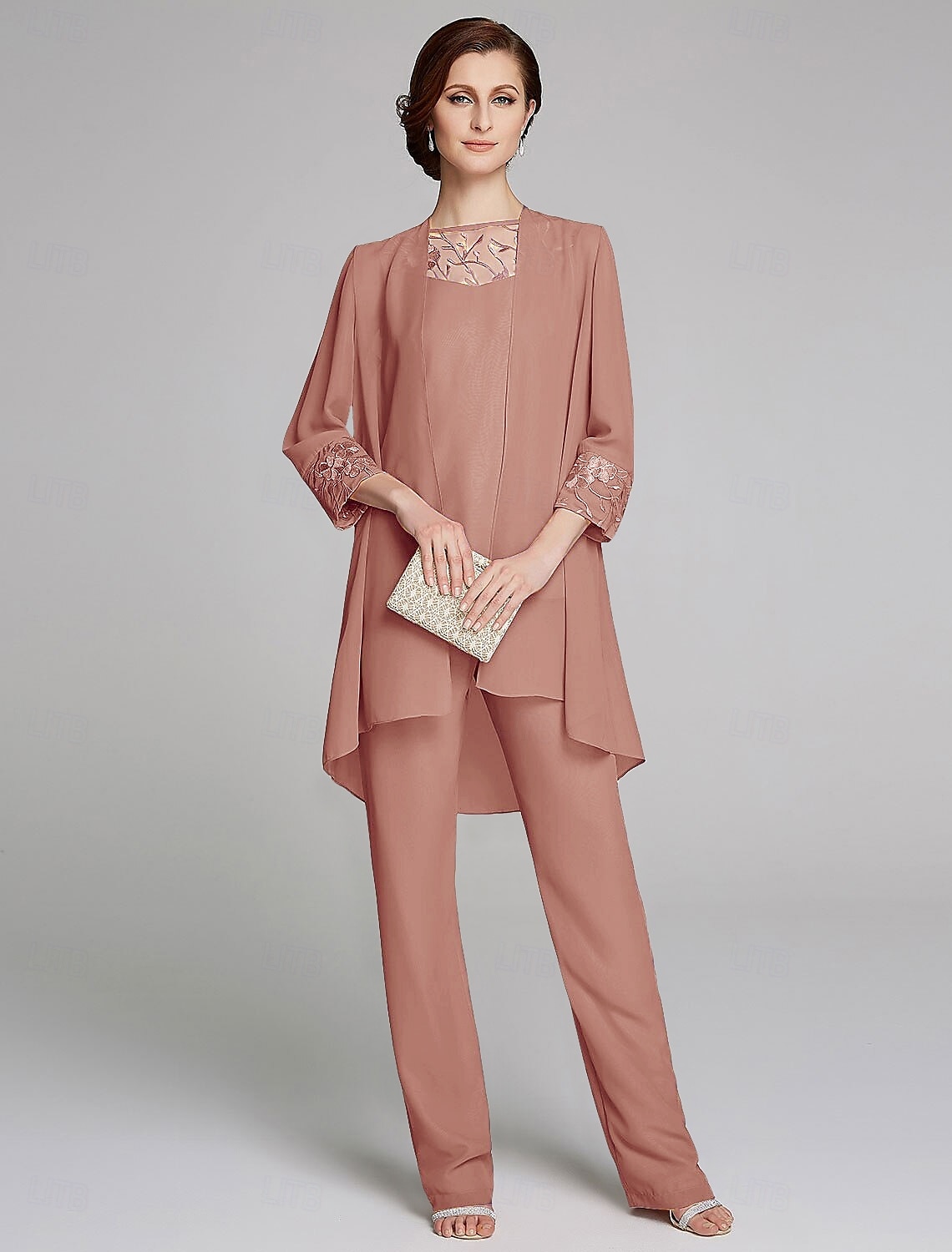 Jumpsuit  Pantssuit Moeder van de Bruid Formele Bruiloft Gast Wrap Inbegrepen Juweel Hals Vloerlengte Chiffon Kant 3/4 Lengte Mouw met Pailletten 2025 gratis op maat 2025 - $155.99 –P9