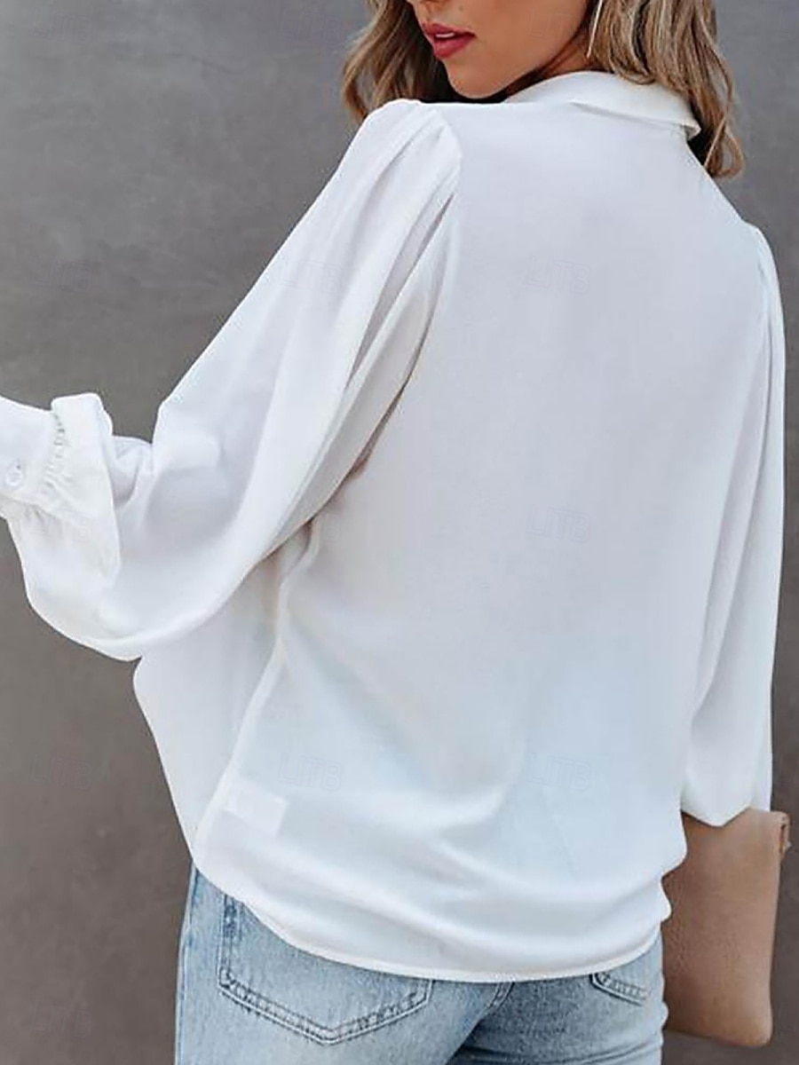 Women's Shirt Blouse Solid Color Stylish Casual Long Sleeve Shirt Collar Regular Tops Daily Buttons Black White Navy Blue Dusty Blue Purple Summer Spring 2025 - $21.99 –P2