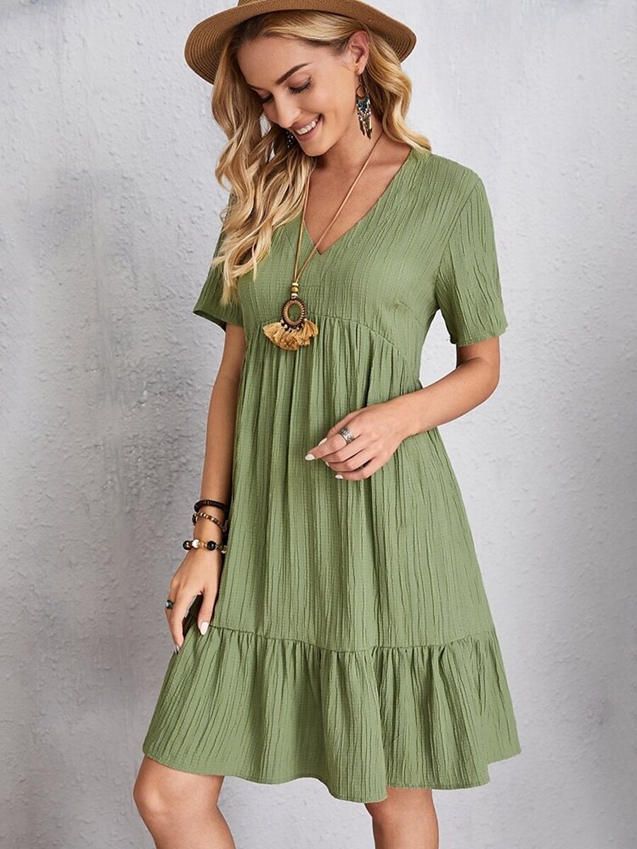 abito da lavoro da donna abito casual abito a trapezio elegante da ufficio quotidiano abito lungo abito lungo patchwork scollo a V manica corta tinta unita vestibilità regolare nero rosa rosso estate del 2025 a $21.99 –P12